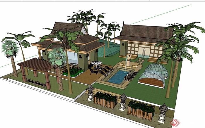东南亚风格详细的度假别墅设计su模型