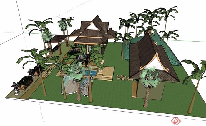 东南亚风格详细的度假别墅设计su模型