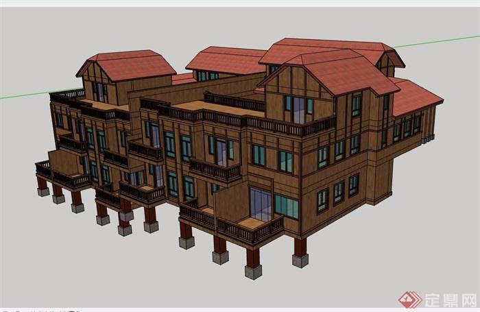 欧式风格详细的双拼合院别墅建筑su模型