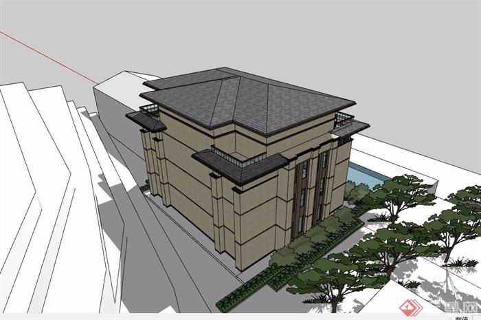四层风格详细的新古典别墅建筑设计su模型