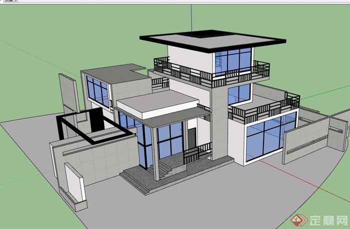 某现代三层详细的住宅多层别墅建筑设计su模型