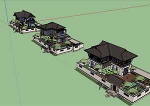 中式风格详细的经典多层别墅设计SU(草图大师)模型