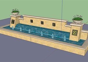 园林景观详细的完整水池景墙设计SU(草图大师)模型