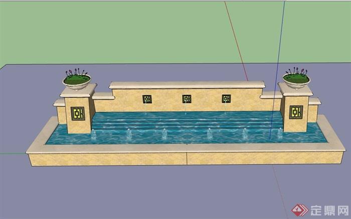 园林景观详细的完整水池景墙设计su模型