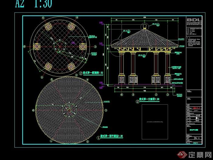 中式风格详细的圆形景观亭cad施工图