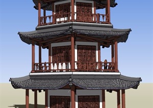 古典中式三层重檐塔楼设计SU(草图大师)模型