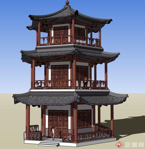 古典中式三层重檐塔楼设计su模型