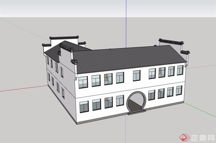 徽派中式风格两层办公楼设计su模型