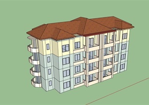 四层欧式风格住宅小区建筑楼设计SU(草图大师)模型
