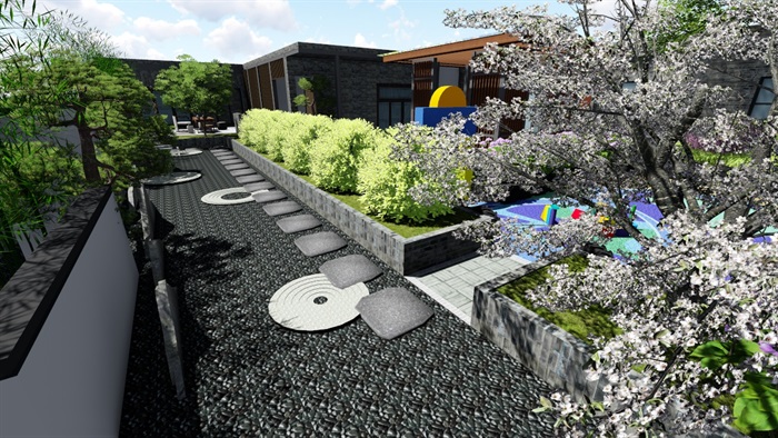新中式别墅庭院景观设计6su素材模型(1)