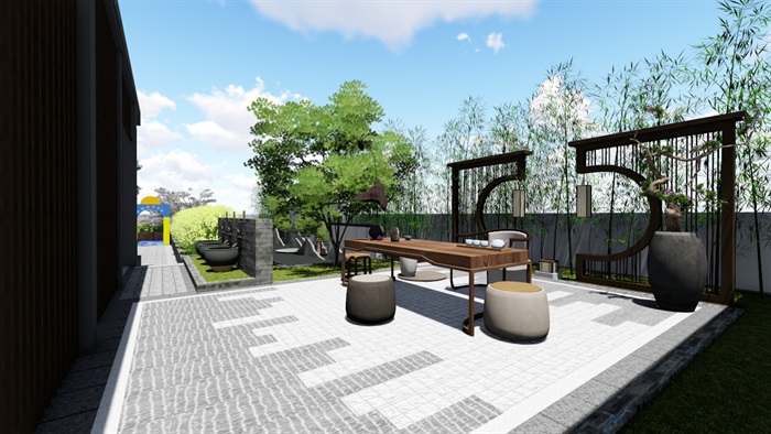 新中式别墅庭院景观设计6su素材模型(10)