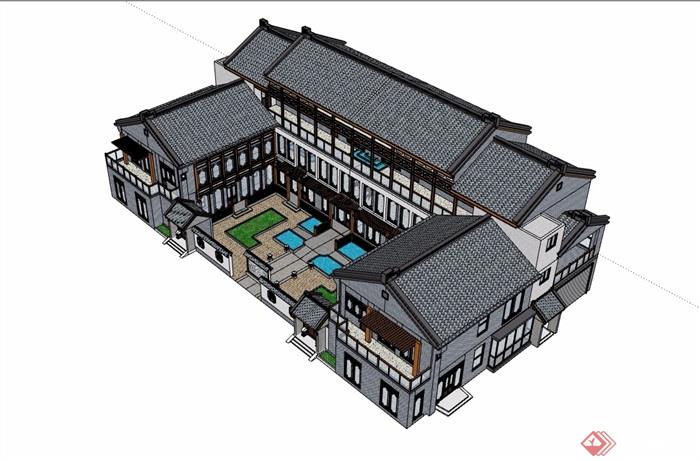中式民居住宅建筑楼设计su模型