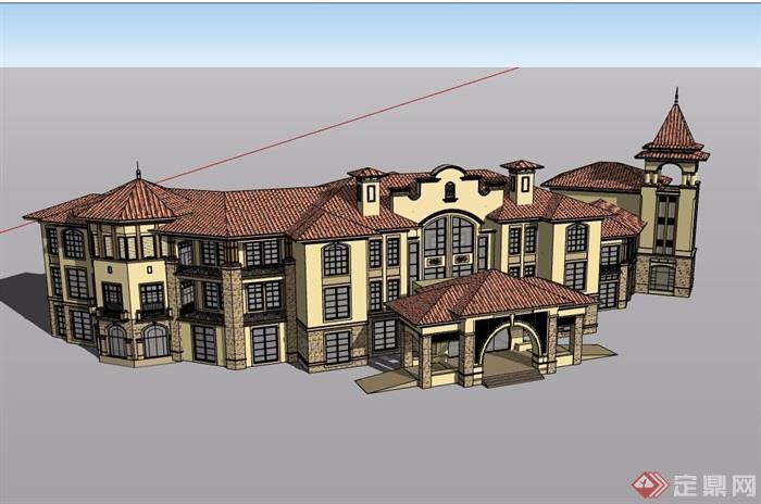 欧式风格详细的三层酒店建筑楼设计su模型