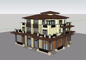 详细的新古典风格双拼别墅建筑楼设计SU(草图大师)模型
