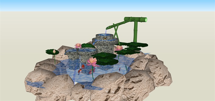 小水景景观竹滴水驳岸水景su素材模型(3)
