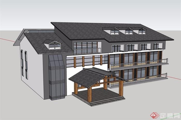 三层中式风格详细会所建筑楼设计su模型