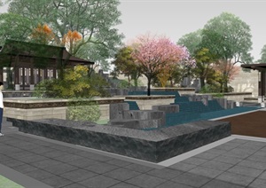 新中式别墅庭院花园景观设计SU(草图大师)模型素材