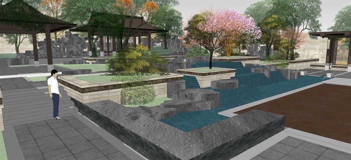 新中式别墅庭院花园景观设计su模型素材(3)