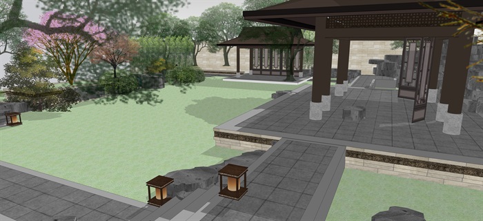 新中式别墅庭院花园景观设计su模型素材(16)
