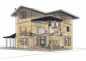 某三层详细完整的别墅建筑楼SU(草图大师)模型含室内