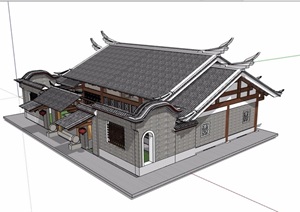 古典中式风格单层完整住宅建筑楼SU(草图大师)模型