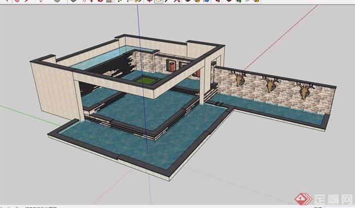 某详细的整体完整水池景墙设计su模型