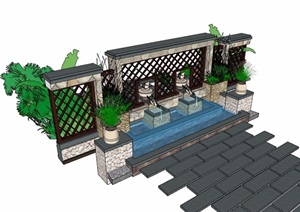 详细的整体喷泉水池景墙设计SU(草图大师)模型