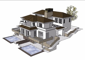 美式风格详细的经典完整别墅建筑楼设计SU(草图大师)模型