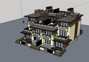新古典风格详细的完整双拼住宅建筑楼设计SU(草图大师)模型