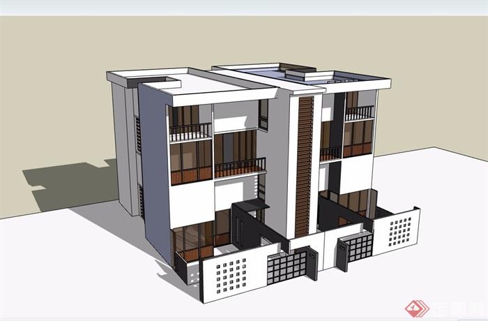 简约中式双拼住宅别墅建筑设计su模型