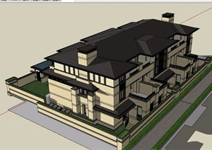 欧式风格详细的完整多层别墅建筑设计SU(草图大师)模型