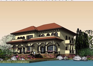 欧式风格详细的完整两层住宅别墅建筑设计SU(草图大师)模型