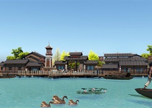 古典中式风格渔夫码头旅游服务区建筑与景观SU(草图大师)模型