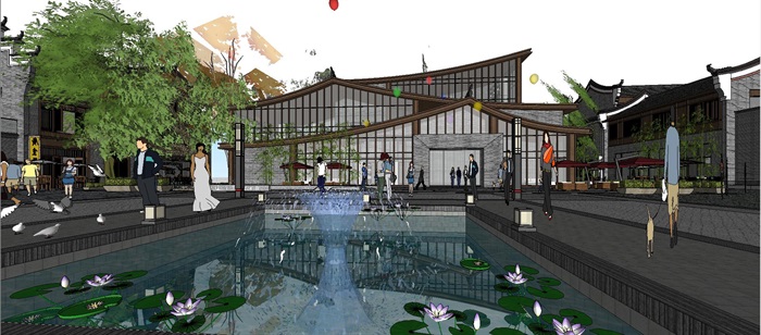 新中式山艺图书馆与会展中心建筑方案SU模型(2)