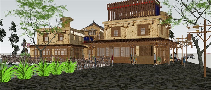 彝族古建商业街建筑方案SU模型(6)
