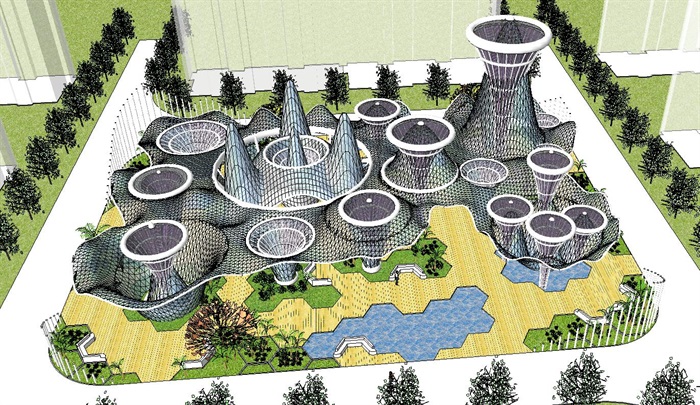 现代海棉城市雨水收集 广场 未来景观概念设计方案SU模型(1)