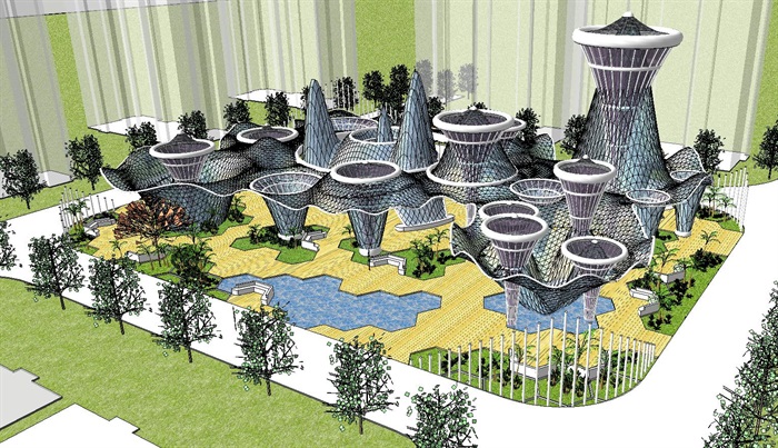 现代海棉城市雨水收集 广场 未来景观概念设计方案SU模型(3)