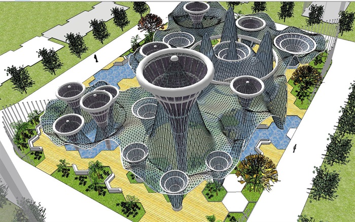 现代海棉城市雨水收集 广场 未来景观概念设计方案SU模型(4)