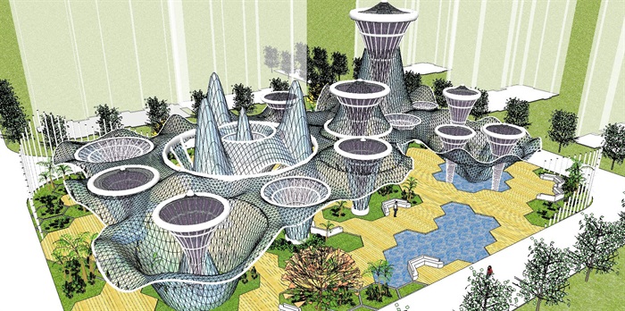 现代海棉城市雨水收集 广场 未来景观概念设计方案SU模型(5)