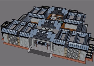 中式风格详细的会所建筑设计SU(草图大师)模型