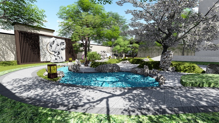 新中式别墅庭院景观设计1SU模型素材(1)
