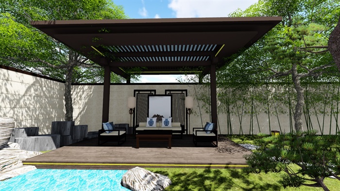 新中式别墅庭院景观设计1SU模型素材(6)