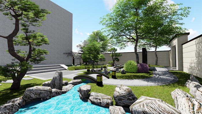 新中式别墅庭院景观设计1SU模型素材(8)