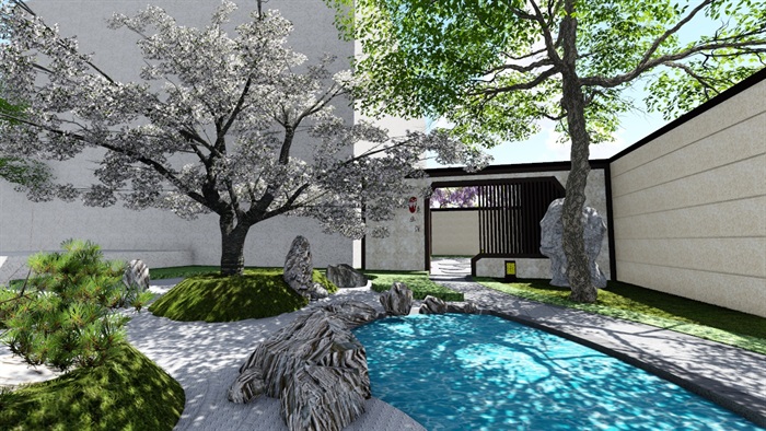 新中式别墅庭院景观设计1SU模型素材(9)