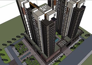 独特详细的商业两栋住宅楼设计SU(草图大师)模型