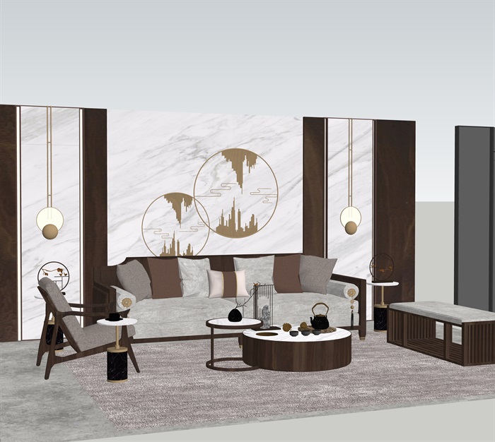 新中式室内设计家具摆件场景su模型素材(4)