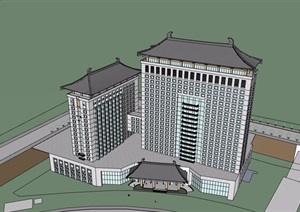 详细的古典中式高层酒店建筑设计SU(草图大师)模型