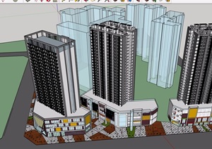 三栋商业住宅楼详细建筑设计SU(草图大师)模型
