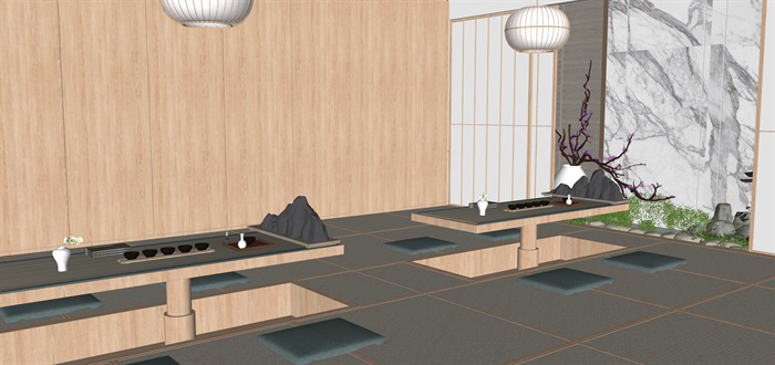 新中式日式现代茶室禅意设计SU模型（大礼包，内含七套茶室景观设计）(4)