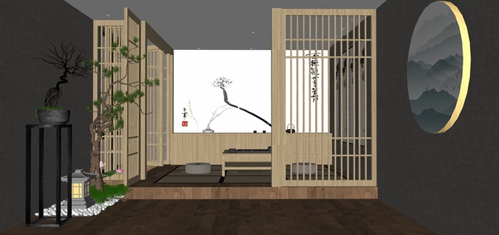新中式日式现代茶室禅意设计SU模型（大礼包，内含七套茶室景观设计）(8)